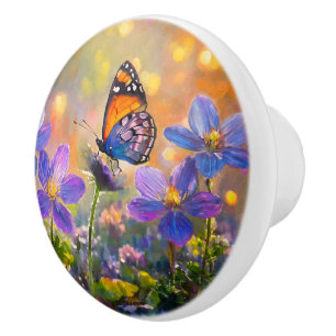 Bouton De Porte En Céramique Papillon minuscule sur les Fleurs sauvages au leve