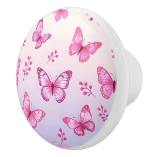 Bouton De Porte En Céramique Papillon rose et motif de fleurs
