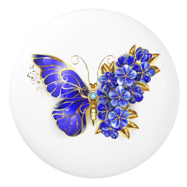 Bouton De Porte En Céramique Papillon saphir à fleurs (Devant)