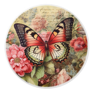 Bouton De Porte En Céramique Papillon vintage et Ephémère Rose