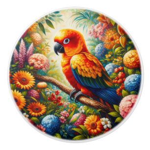 Bouton De Porte En Céramique Parrot Sun Conure aux fleurs colorées