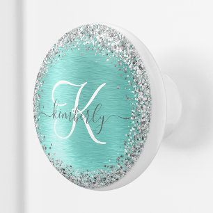 Bouton De Porte En Céramique Parties scintillant argentée turquoise en métal br