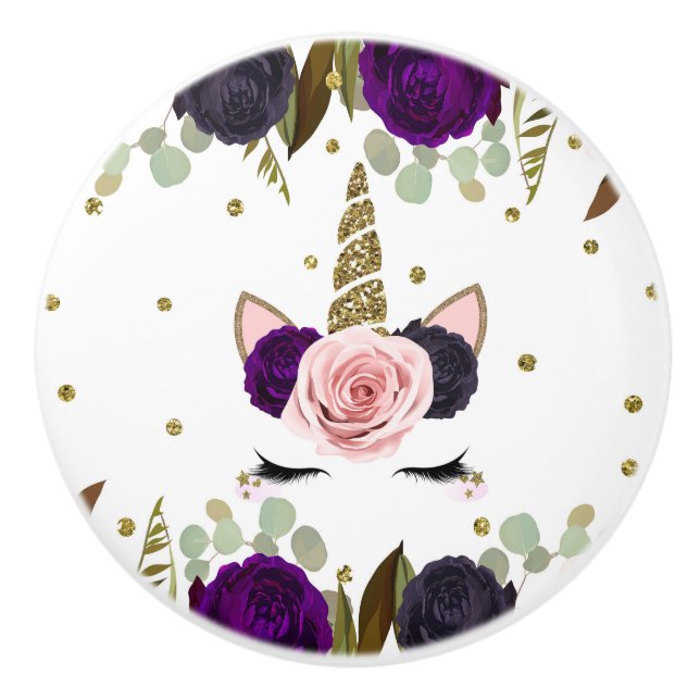 Bouton De Porte En Céramique Parties scintillant or glam floral foncé Unicorn t (Devant)