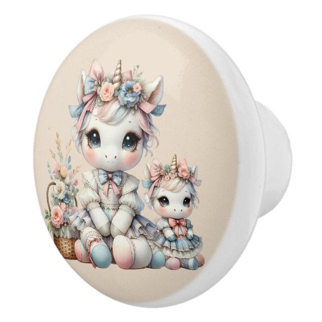Bouton De Porte En Céramique Pastel Kawaii Unicorne Mère Fille Duo Beige (Droite)
