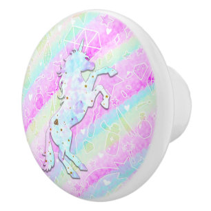 Bouton De Porte En Céramique Pastel Rainbow Diamonds & Stars Magique Unicorn