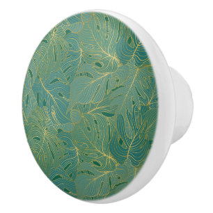 Bouton De Porte En Céramique Paume vert et or feuille motif