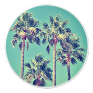 Bouton De Porte En Céramique Paumes tropicales contre un ciel turquoise