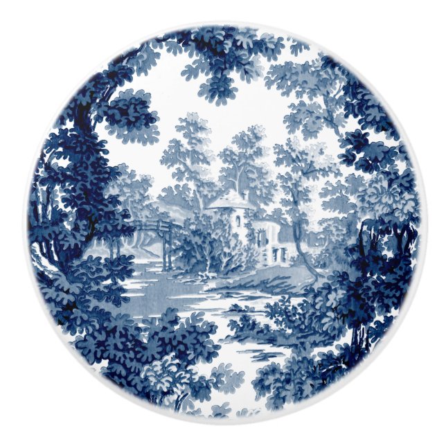 Bouton De Porte En Céramique Paysage vintage du chalet Toile-Bleu & Blanc (Devant)