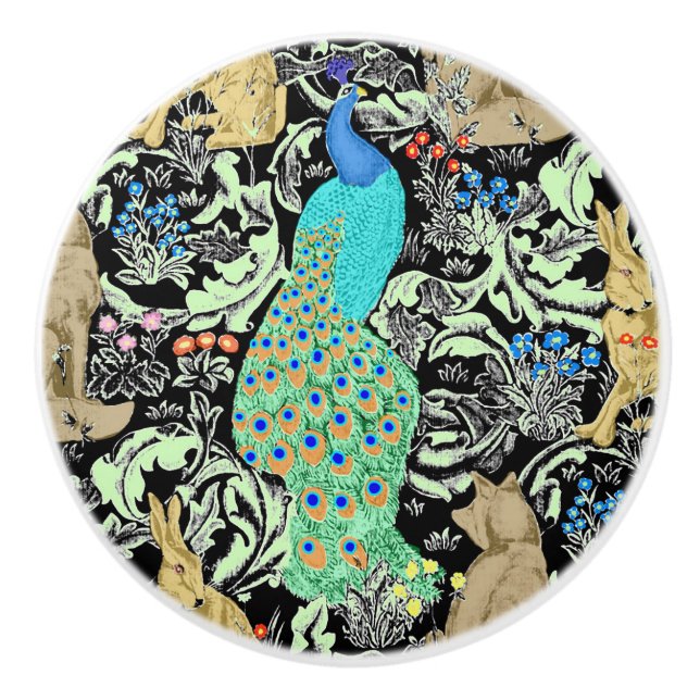 Bouton De Porte En Céramique Peacock Art Nouveau Impression, Turquoise & Neutra (Devant)