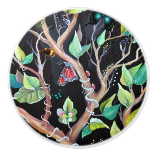 Bouton De Porte En Céramique Peinture feuille et papillons