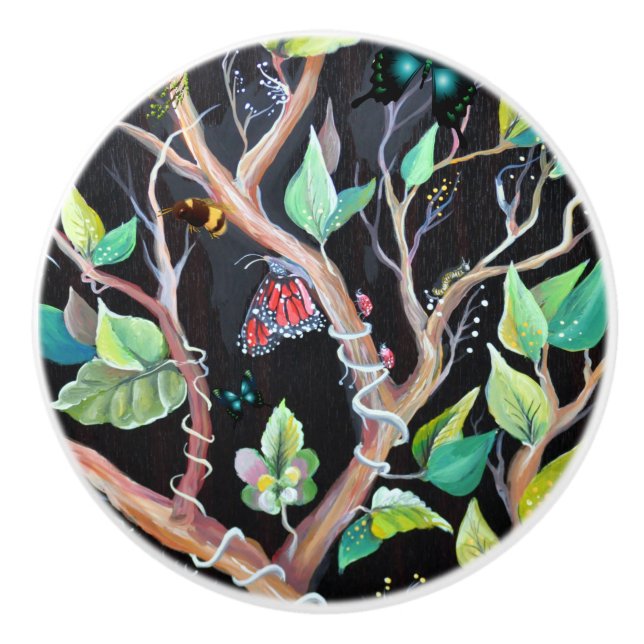 Bouton De Porte En Céramique Peinture feuille et papillons (Devant)