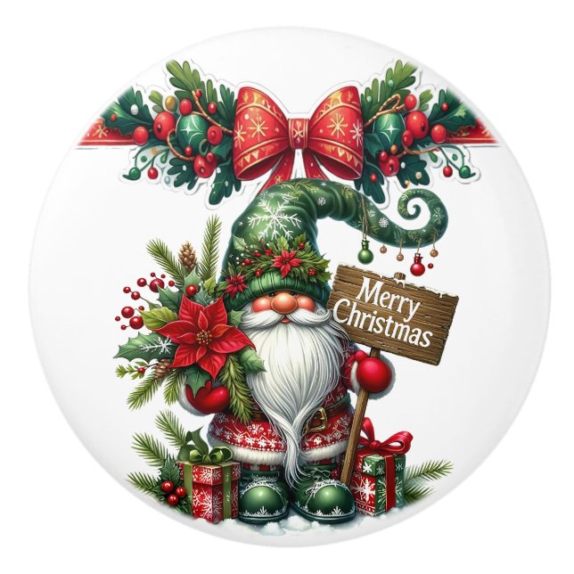Bouton De Porte En Céramique Père Noël avec Noël Poinsettia (Devant)