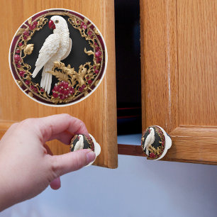 Bouton De Porte En Céramique Perroquet blanc avec or et rubis