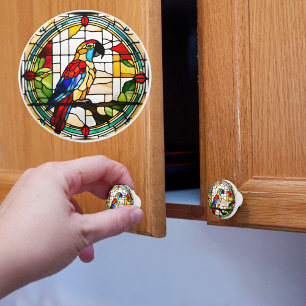 Bouton De Porte En Céramique Perroquet en faux vitrail 