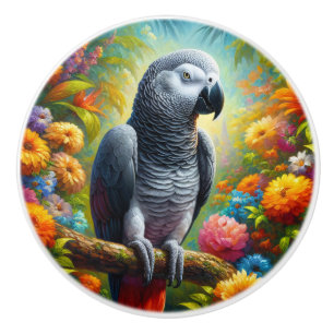 Bouton De Porte En Céramique Perroquet gris africain aux fleurs colorées