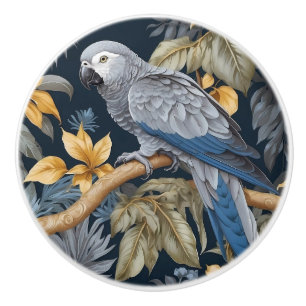 Bouton De Porte En Céramique Perroquet Gris Africain Feuilles Tropicales
