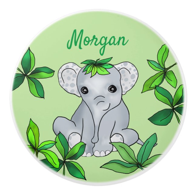 Bouton De Porte En Céramique Personnalisé Cute Jungle Baby Elephant avec Feuill (Devant)