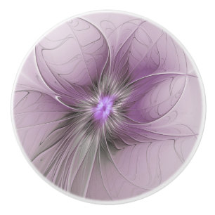 Bouton De Porte En Céramique Petite Beauté Moderne Mauve Grey Fractal Art Flowe