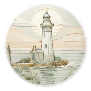 Bouton De Porte En Céramique Phare Art Nouveau Faux Relief Pastel Mint