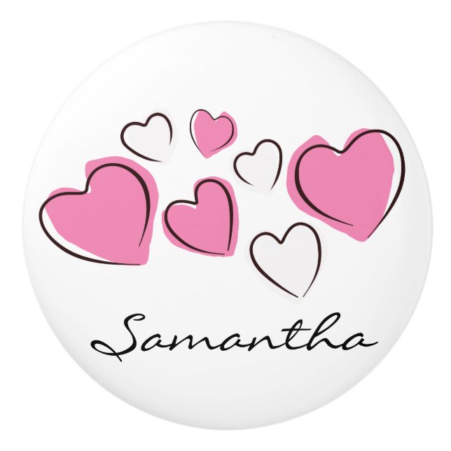 Bouton De Porte En Céramique Pink and White Sketchy Hearts en céramique Tirage  (Devant)