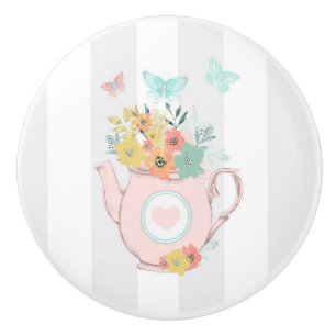 Bouton De Porte En Céramique Pink Teapot with Flowers & Butterflies
