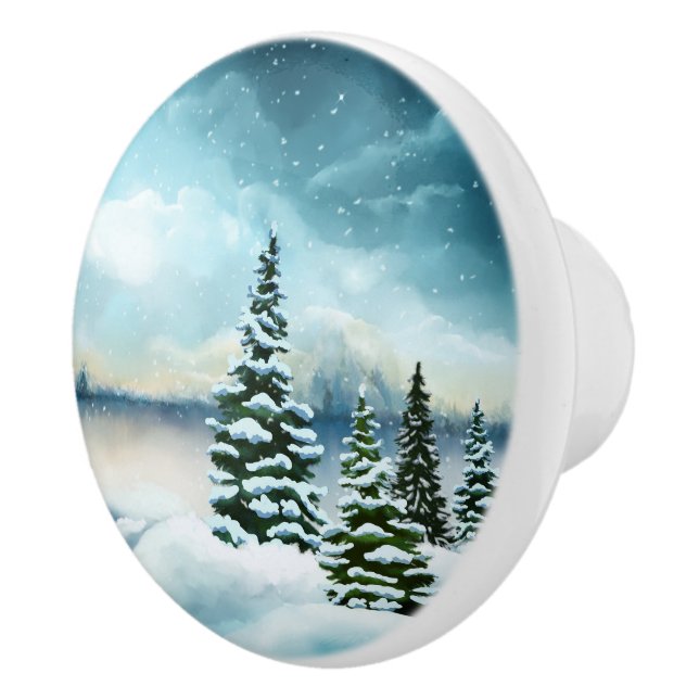 Bouton De Porte En Céramique Pittoresque Winter Wonderland aquarelle peinture (Droite)