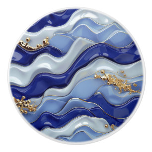 Bouton De Porte En Céramique Plage Côte Bleue Or Vagues Nautiques