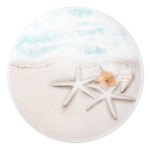 Bouton De Porte En Céramique Plage de sable blanc étoile de mer océan bleu trop