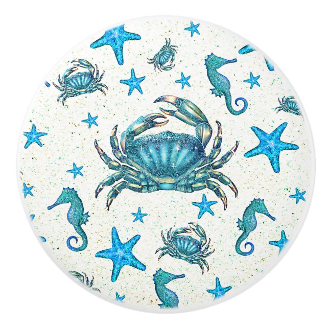Bouton De Porte En Céramique Plage moderne Crabe Bleu Starfish Horloge (Devant)