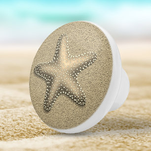 Bouton De Porte En Céramique Plage Seashell de poisson-étoiles couleur sable or