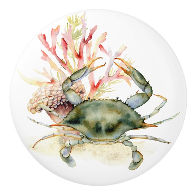 Bouton De Porte En Céramique Plage Thème Crabe Art (Devant)