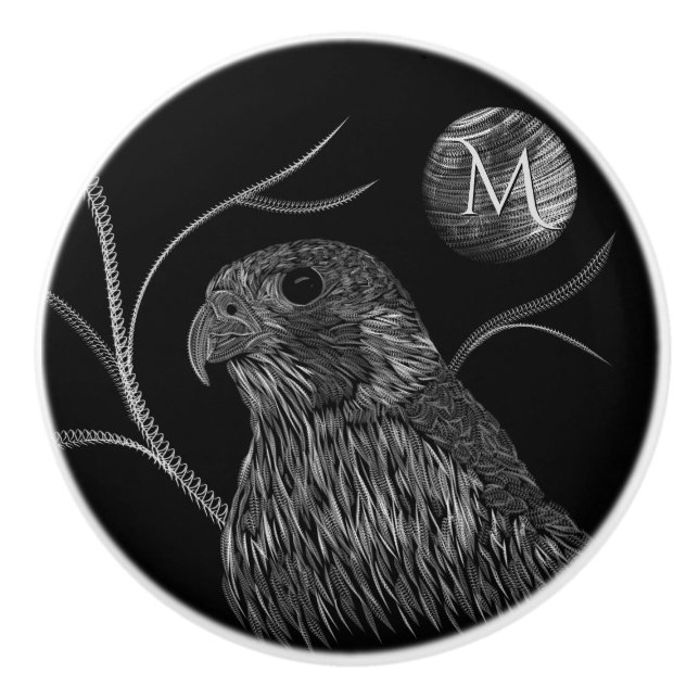 Bouton De Porte En Céramique Pleine lune de faucon Monogramme noir (Devant)