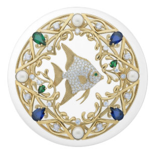 Bouton De Porte En Céramique Poisson Ange Cristal Doré Ange Océan Mer