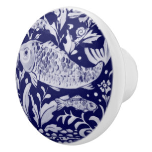 Bouton De Porte En Céramique Poisson bleu et blanc Koi Stylisé Plante d'étang