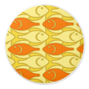 Bouton De Porte En Céramique Poisson moderne du milieu du siècle, jaune et oran