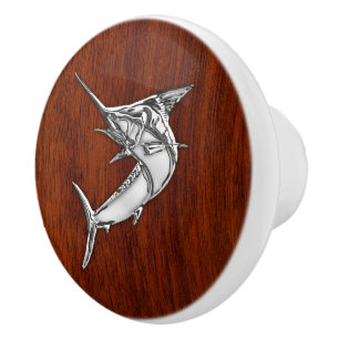 Bouton De Porte En Céramique Poissons de Marlin de chrome sur la copie d'acajou