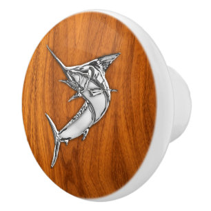 Bouton De Porte En Céramique Poissons de Marlin de chrome sur la copie en bois