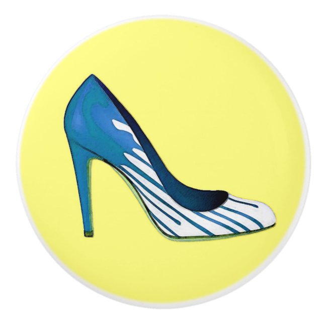 Bouton De Porte En Céramique Pompe Stiletto, bleu sur jaune (Devant)