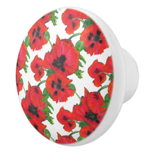 Bouton De Porte En Céramique Poppies orientales rouges et noires Motif en blanc