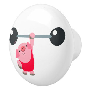 Bouton De Porte En Céramique Porc mignon de bande dessinée d'haltérophilie