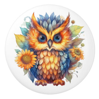 Bouton De Porte En Céramique Porte de hibou aux couleurs vives tirer.