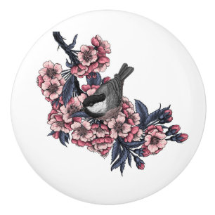 Bouton De Porte En Céramique Poulet sur une branche de cerise en fleurs