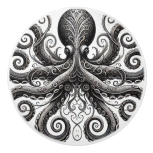 Bouton De Porte En Céramique Poulpe Steampunk Kraken Noir Orné