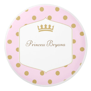 Bouton De Porte En Céramique Poupée rose et or à pois couronne de princesse