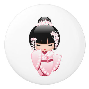 Bouton De Porte En Céramique Poupée blanche de Kokeshi de kimono - fille de