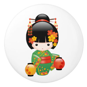 Bouton De Porte En Céramique Poupée de Kokeshi de chute - fille de geisha vert