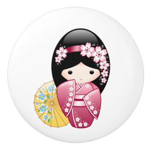 Bouton De Porte En Céramique Poupée de Kokeshi de ressort - fille de geisha