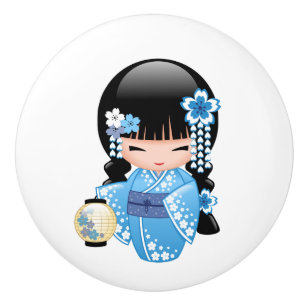 Bouton De Porte En Céramique Poupée de Kokeshi d'hiver - fille de geisha