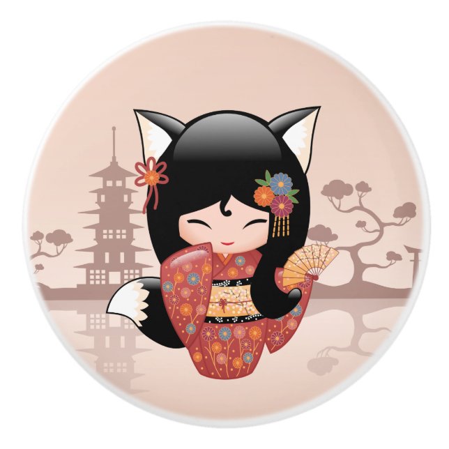Bouton De Porte En Céramique Poupée Kitsune Kokeshi - jolie fille Black Fox (Devant)