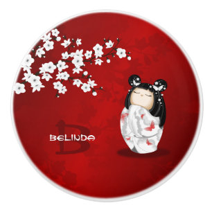 Bouton De Porte En Céramique Poupée Kokeshi Rouge Noir Blanc Cerisier Fleurs